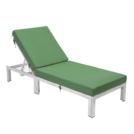LEISUREMOD Chelsea Modern Outdoor Weathered Grey Chaise Lounge Chair With Green Cushions CLWGR-77G